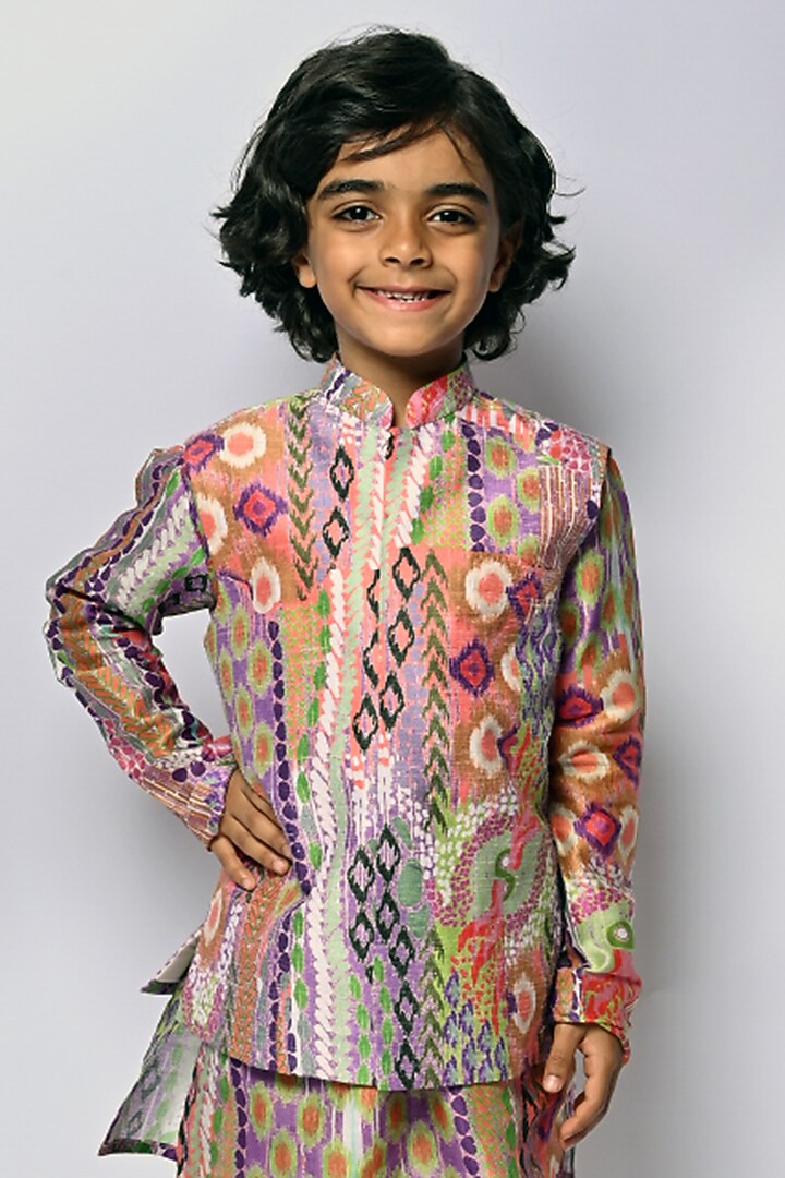 Multi-Colored Printed Kurta Set With Bundi Jacket For Boys by Payal Singhal Kids at Pernia's Pop Up Shop