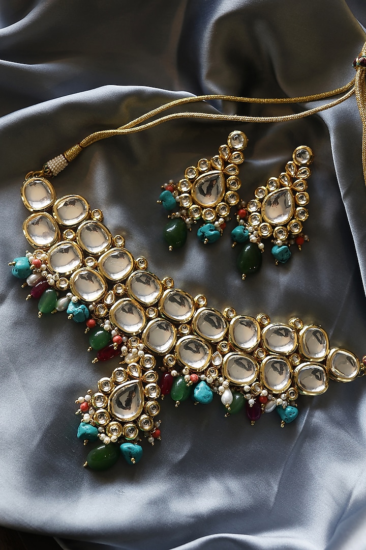 Gold Finish Multi-Colored Polki Choker Necklace Set by Paisley Pop at Pernia's Pop Up Shop