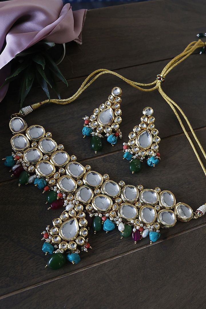 Gold Finish Multi-Colored Polki Choker Necklace Set by Paisley Pop at Pernia's Pop Up Shop