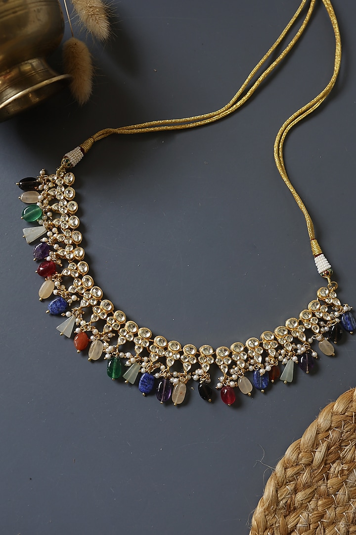 Gold Finish Kundan Necklace by Paisley Pop at Pernia's Pop Up Shop