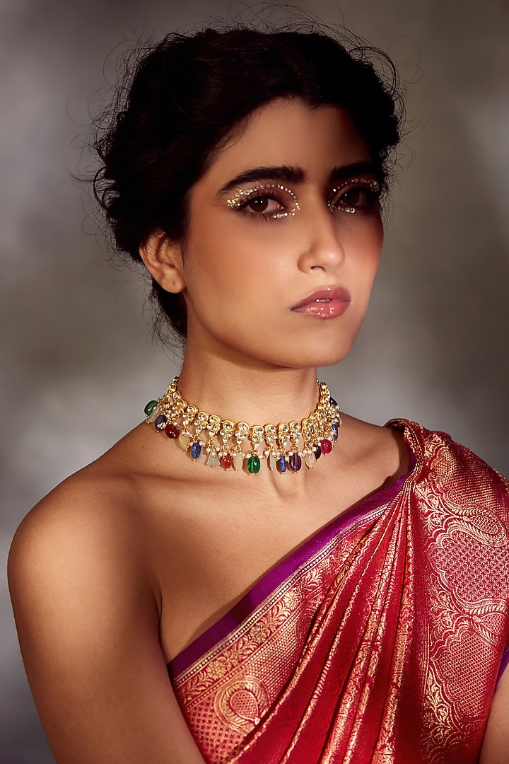 Gold Finish Kundan Necklace by Paisley Pop at Pernia's Pop Up Shop