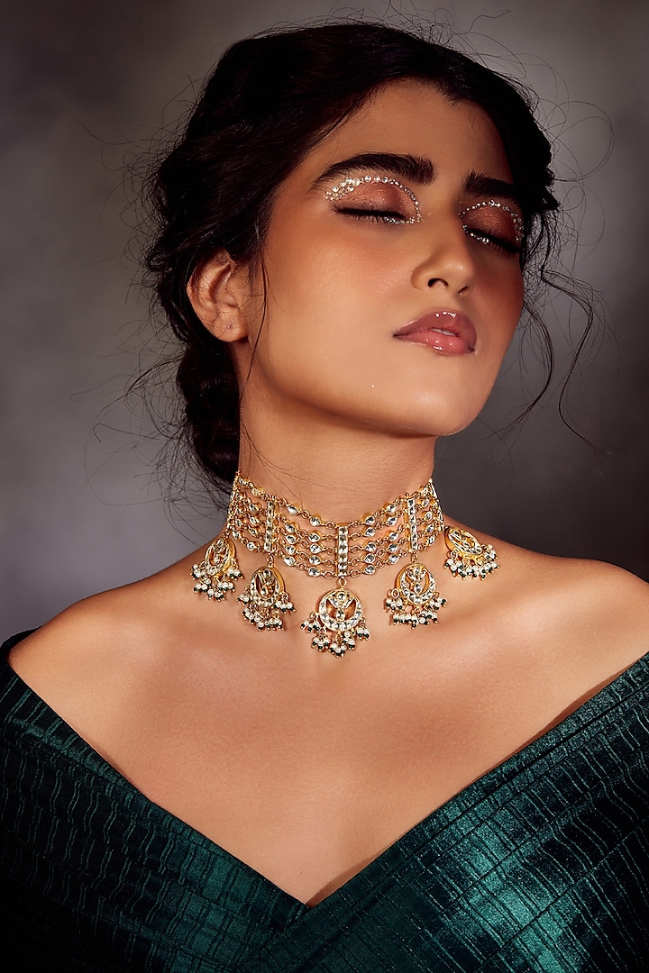 Gold Finish Kundan Choker Necklace by Paisley Pop at Pernia's Pop Up Shop