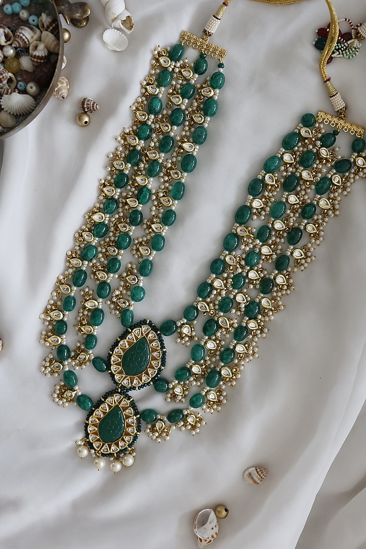 Gold Finish Green Kundan Layered Necklace by Paisley Pop at Pernia's Pop Up Shop