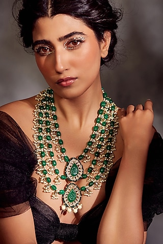 Gold Finish Green Kundan Layered Necklace by Paisley Pop