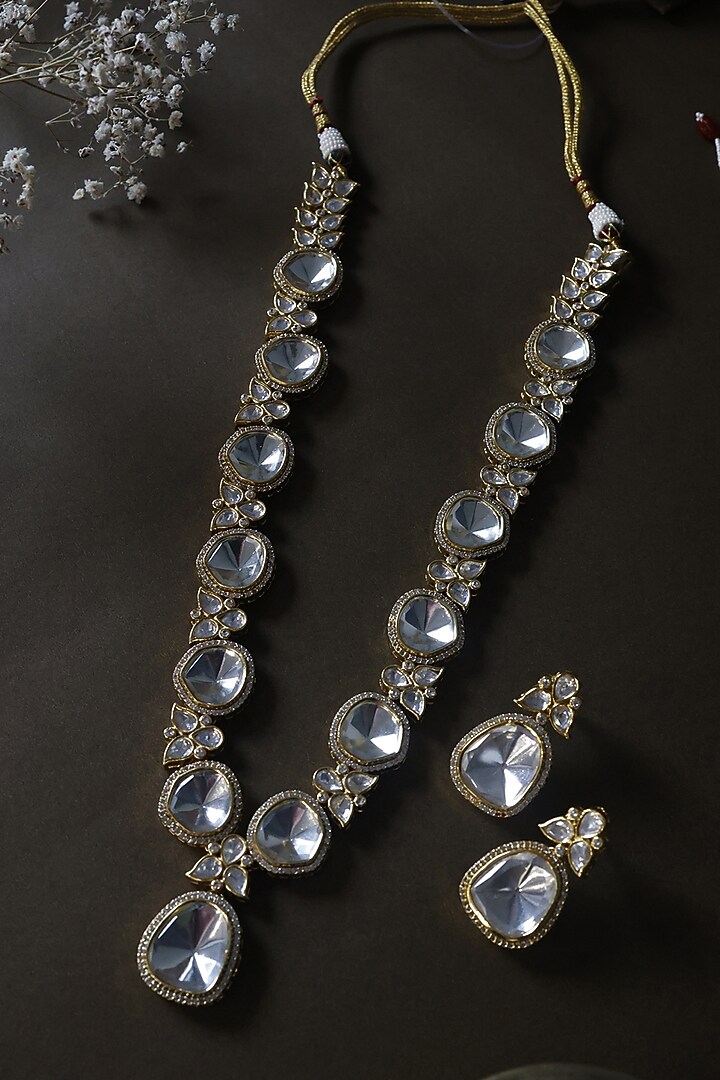 Gold Finish Kundan Polki Necklace Set by Paisley Pop at Pernia's Pop Up Shop