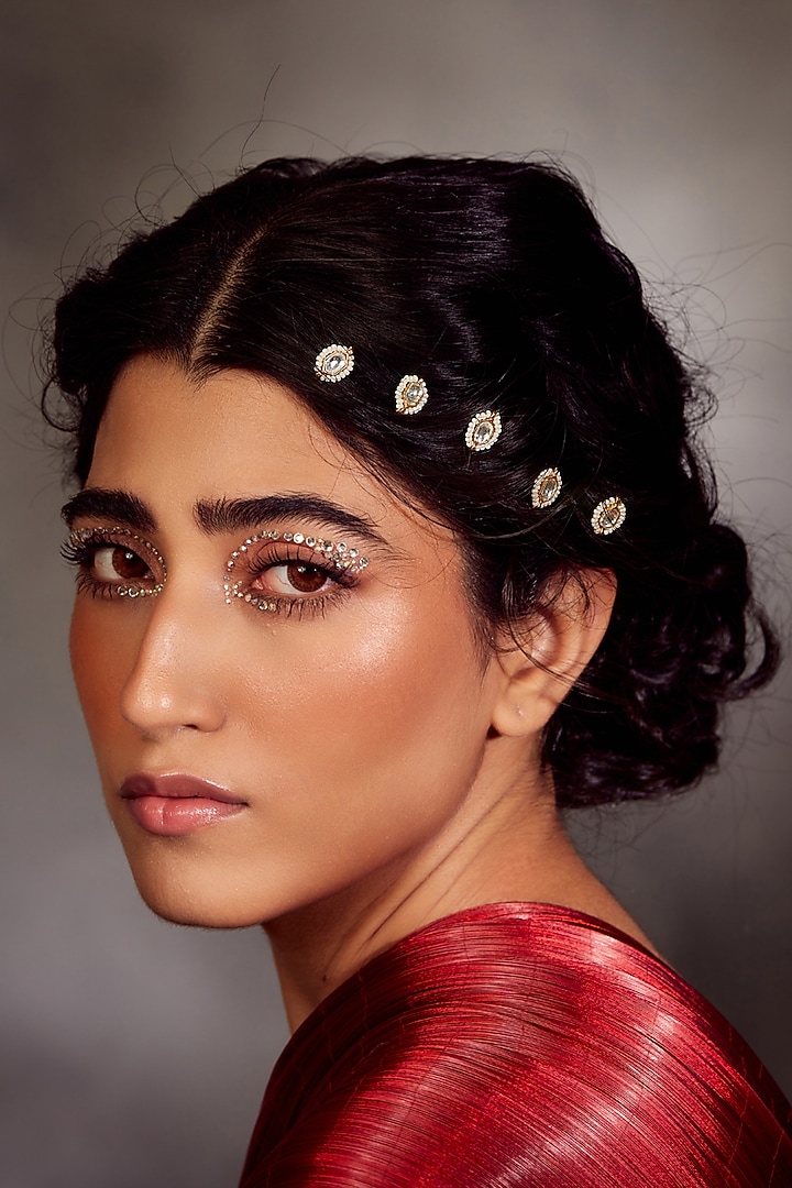 Gold Finish Kundan Braid Pins (Set of 6) by Paisley Pop at Pernia's Pop Up Shop