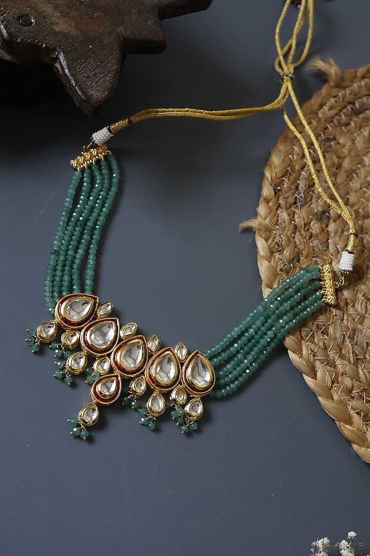 Gold Finish Green Polki Necklace by Paisley Pop at Pernia's Pop Up Shop