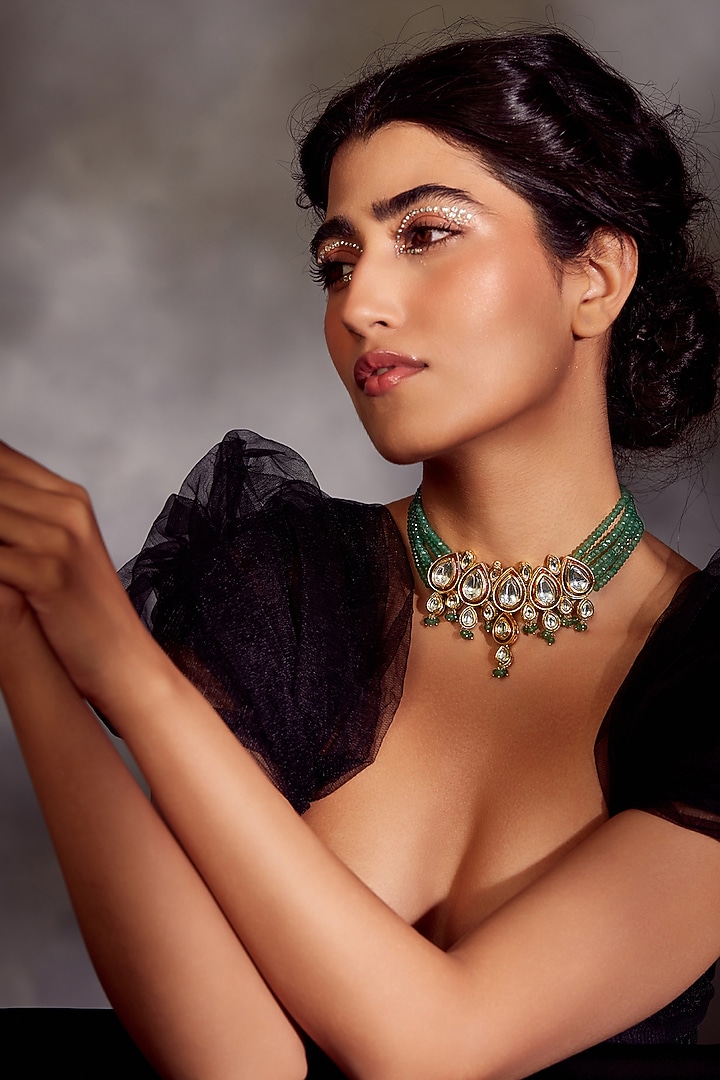 Gold Finish Green Polki Necklace by Paisley Pop at Pernia's Pop Up Shop