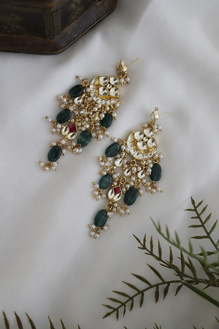 Gold Finish Green Kundan Earrings by Paisley Pop at Pernia's Pop Up Shop