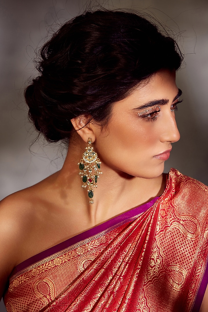 Gold Finish Green Kundan Earrings by Paisley Pop at Pernia's Pop Up Shop