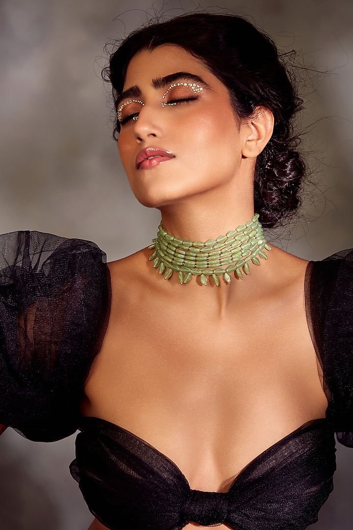 Gold Finish Mint Stone Choker Necklace by Paisley Pop at Pernia's Pop Up Shop