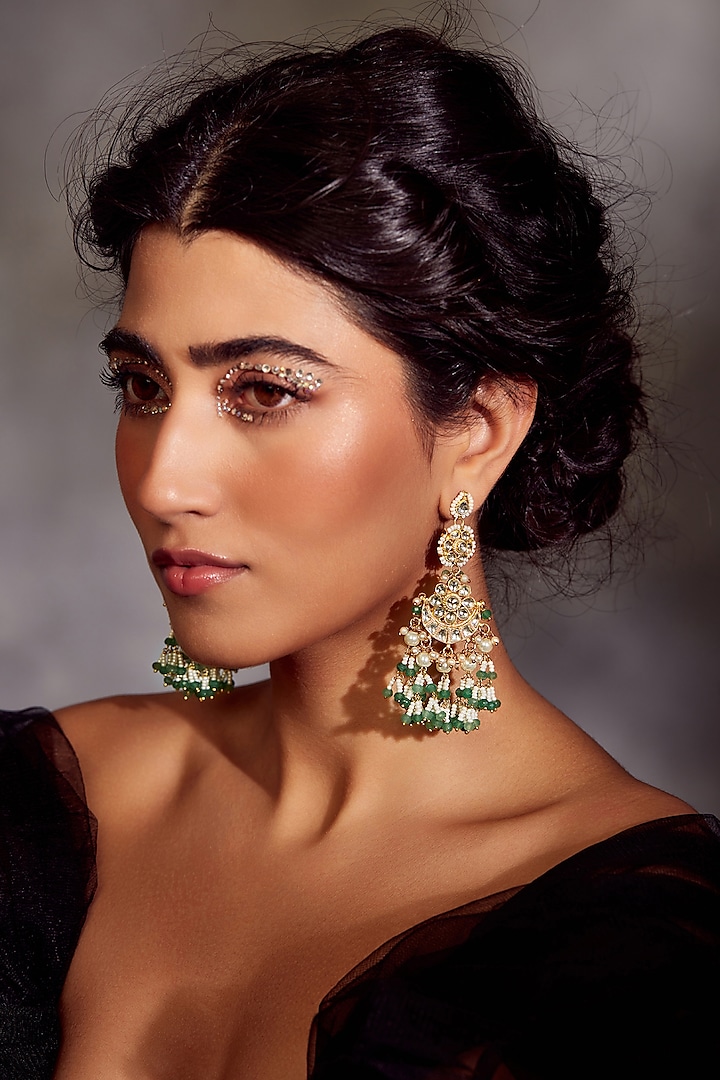 Gold Finish Green Kundan Chandbali Earrings by Paisley Pop at Pernia's Pop Up Shop