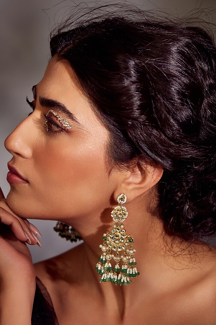 Gold Finish Green Kundan Chandbali Earrings by Paisley Pop at Pernia's Pop Up Shop