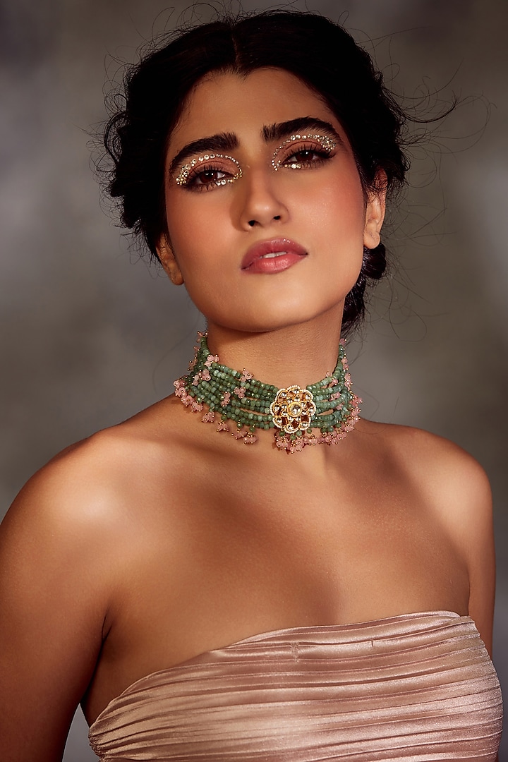 Gold Finish Floral Kundan Choker Necklace by Paisley Pop at Pernia's Pop Up Shop