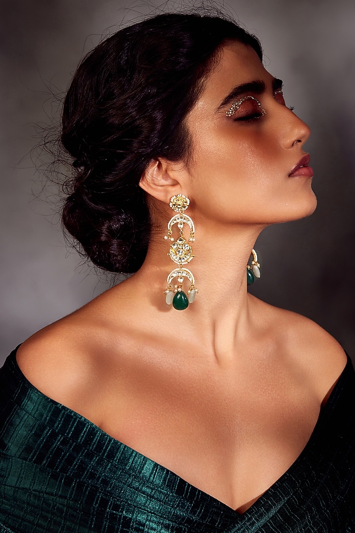 Gold Finish Mint Green Kundan Earrings by Paisley Pop at Pernia's Pop Up Shop