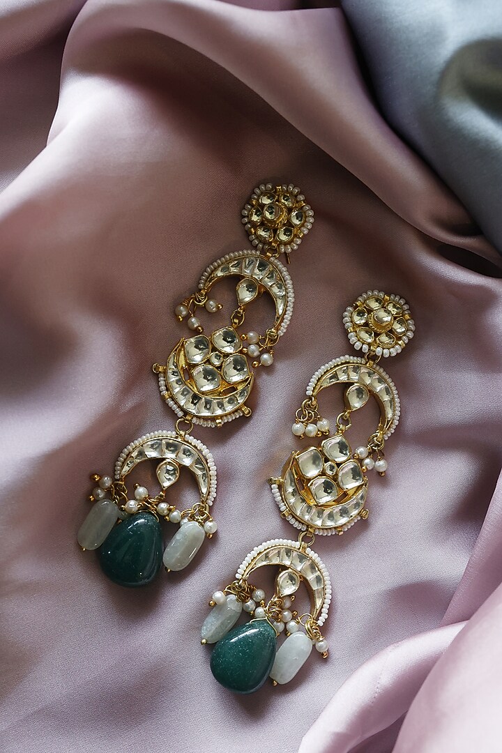 Gold Finish Mint Green Kundan Earrings by Paisley Pop at Pernia's Pop Up Shop