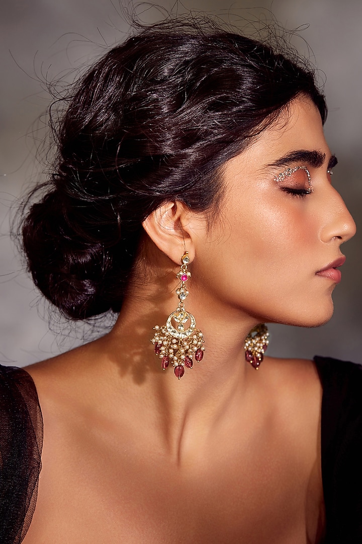 Gold Finish Kundan Chandbali Earrings by Paisley Pop at Pernia's Pop Up Shop