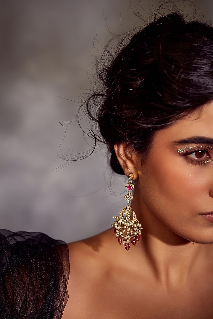 Gold Finish Kundan Chandbali Earrings by Paisley Pop at Pernia's Pop Up Shop