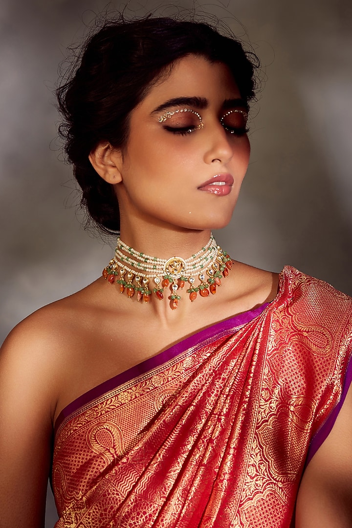 Gold Finish Kundan & Pearl Choker Necklace by Paisley Pop at Pernia's Pop Up Shop