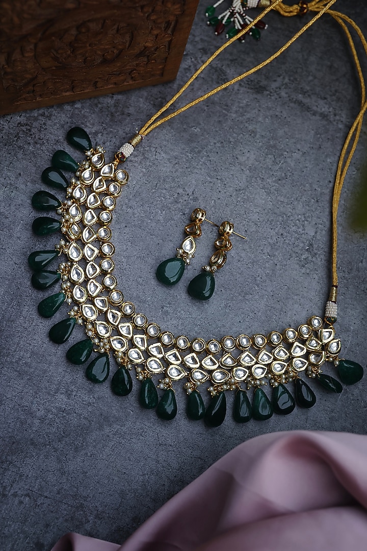 Gold Finish Green Kundan Necklace Set by Paisley Pop at Pernia's Pop Up Shop