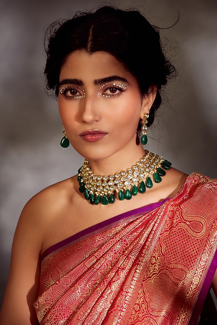 Gold Finish Green Kundan Necklace Set by Paisley Pop at Pernia's Pop Up Shop