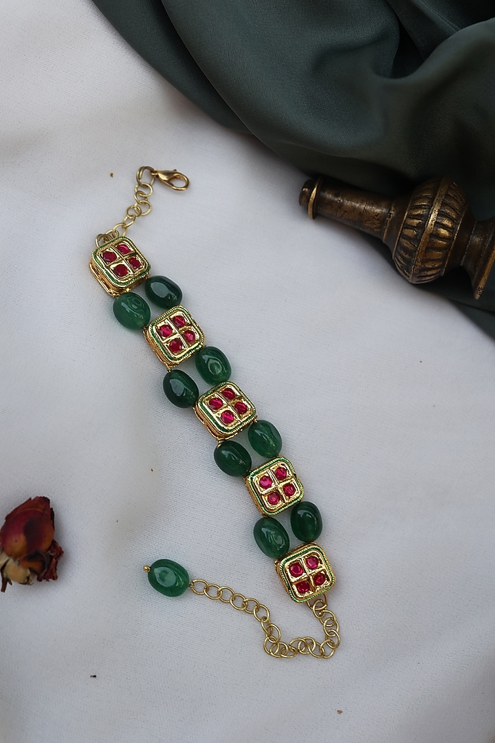 Gold Finish Kundan Meenakari Bracelet by Paisley Pop at Pernia's Pop Up Shop