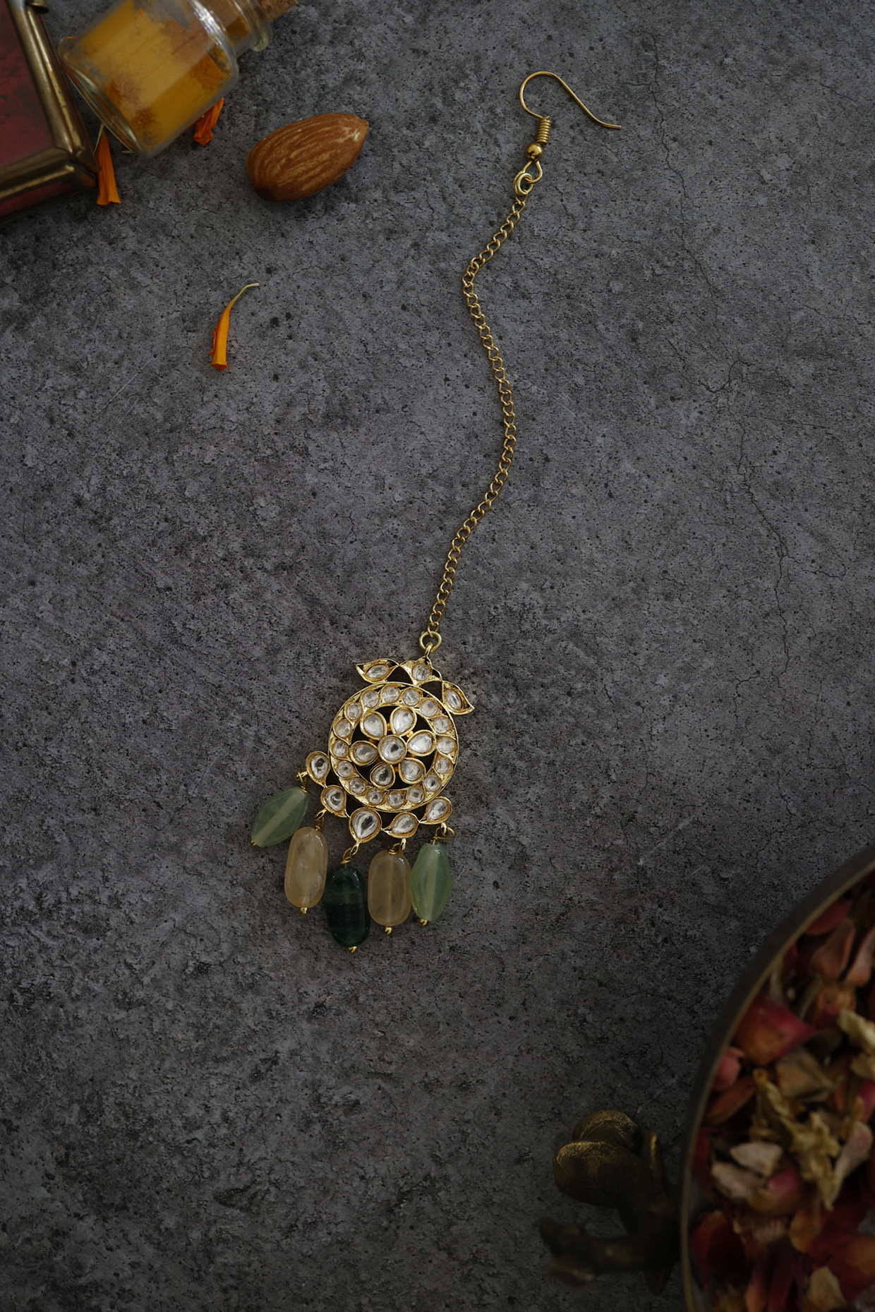 Gold Finish Handcrafted Floral Polki Maang Tikka by Paisley Pop