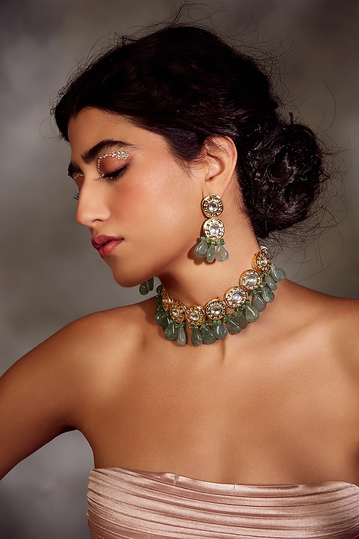 Gold Finish Handcrafted Kundan Necklace Set by Paisley Pop at Pernia's Pop Up Shop