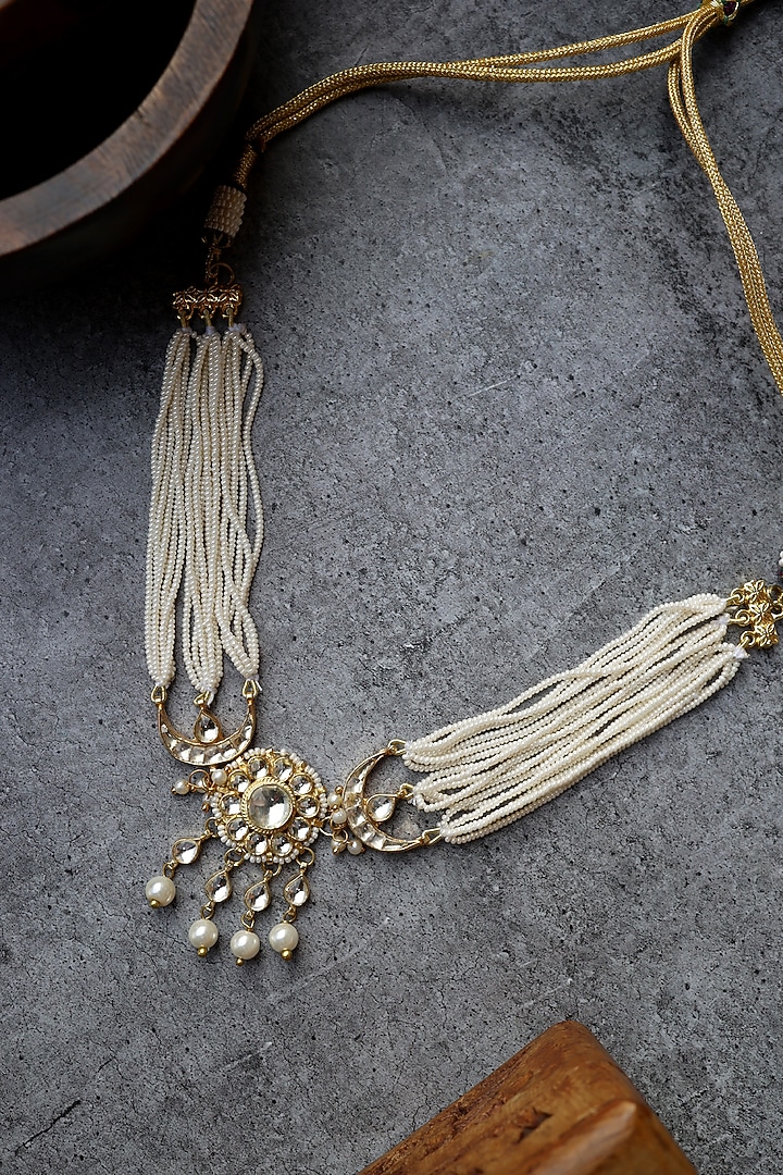Gold Finish Kundan & Pearl Choker Necklace by Paisley Pop at Pernia's Pop Up Shop