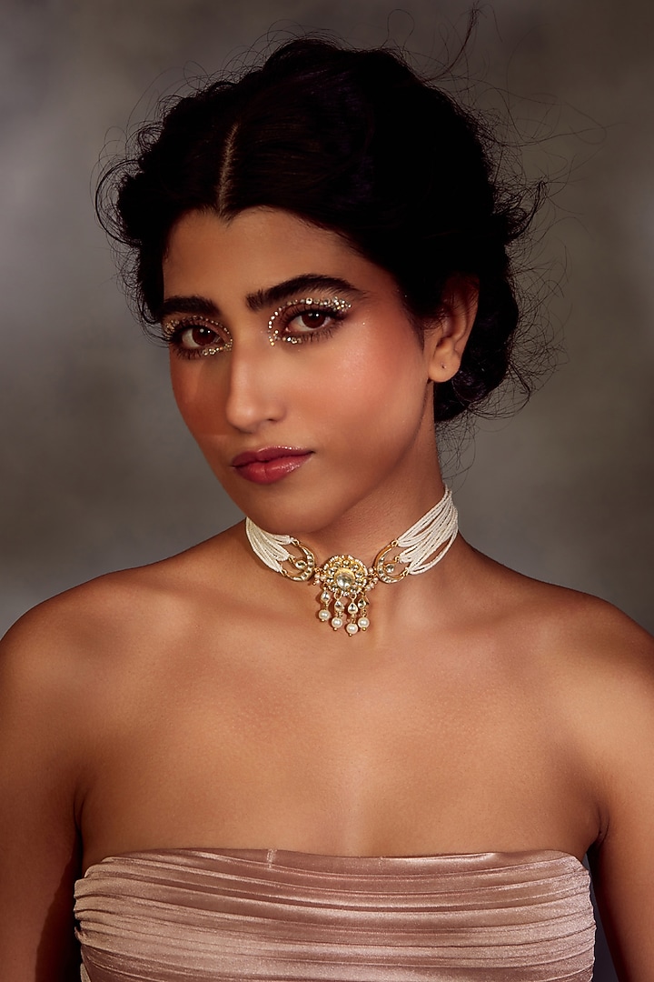 Gold Finish Kundan & Pearl Choker Necklace by Paisley Pop at Pernia's Pop Up Shop