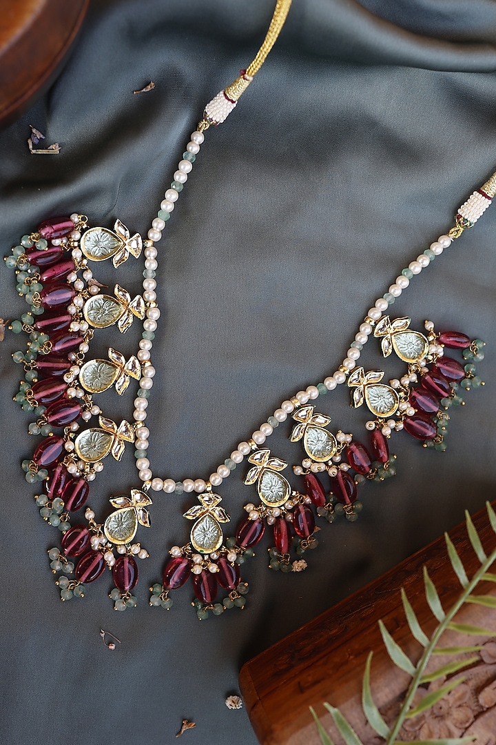 Gold Plated Handcrafted Pink & Green Kundan Necklace by Paisley Pop at Pernia's Pop Up Shop