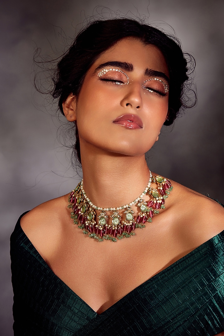Gold Plated Handcrafted Pink & Green Kundan Necklace by Paisley Pop at Pernia's Pop Up Shop