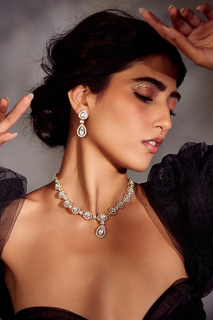 Gold Finish Victorian Polki Necklace Set by Paisley Pop at Pernia's Pop Up Shop