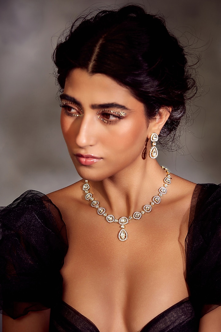 Gold Finish Victorian Polki Necklace Set by Paisley Pop at Pernia's Pop Up Shop