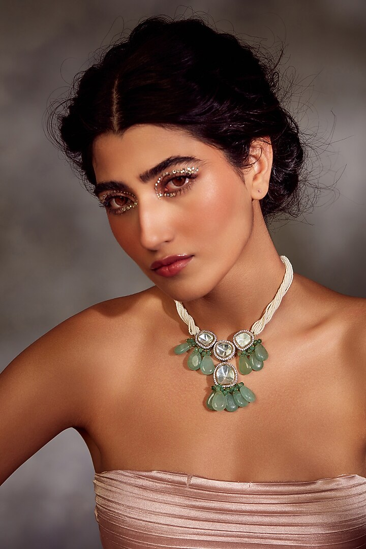 Gold Finish Uncut Polki & Mint Fluorite Stone Necklace by Paisley Pop at Pernia's Pop Up Shop