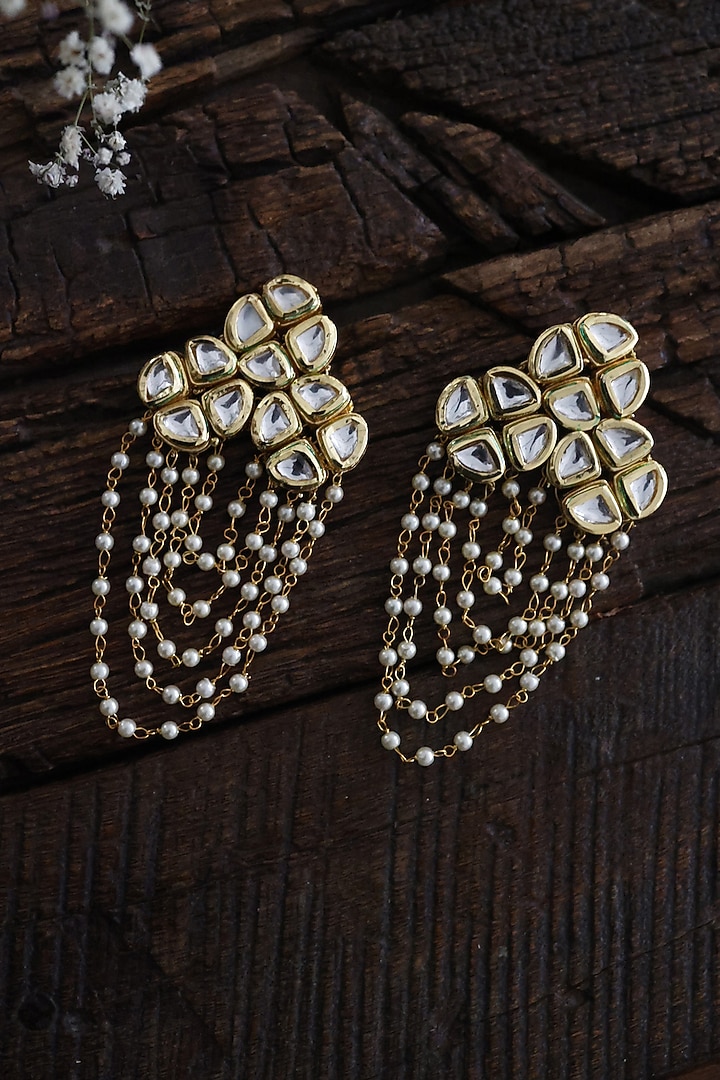 Gold Finish Kundan Polki & Pearl Dangler Earrings by Paisley Pop at Pernia's Pop Up Shop