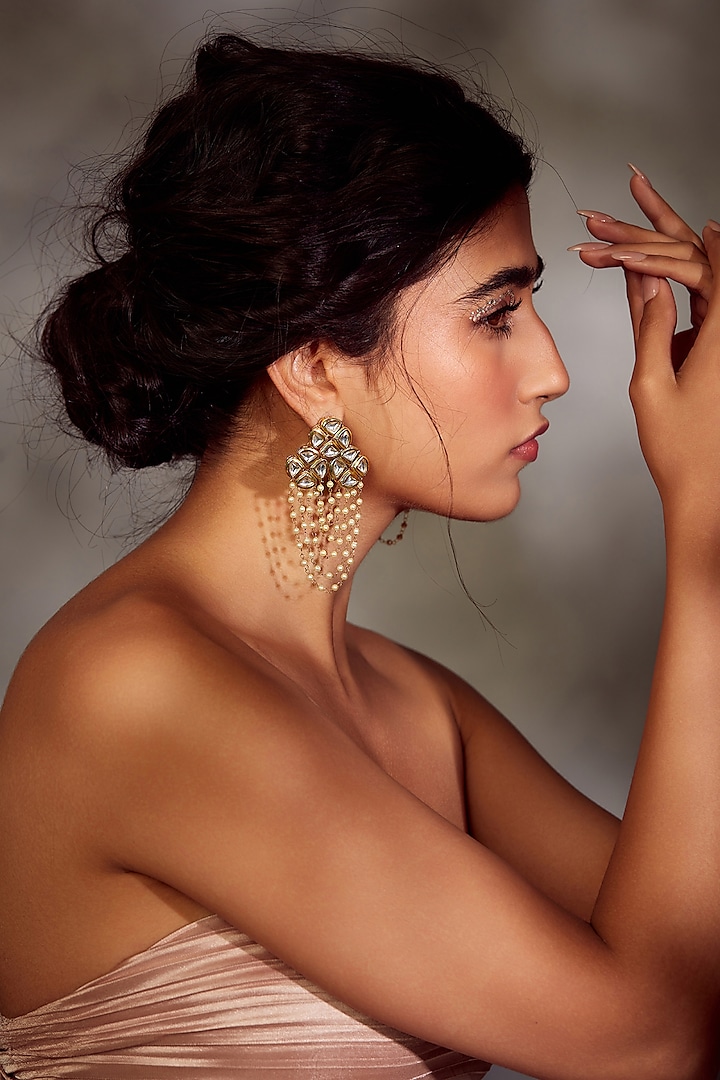Gold Finish Kundan Polki & Pearl Dangler Earrings by Paisley Pop at Pernia's Pop Up Shop
