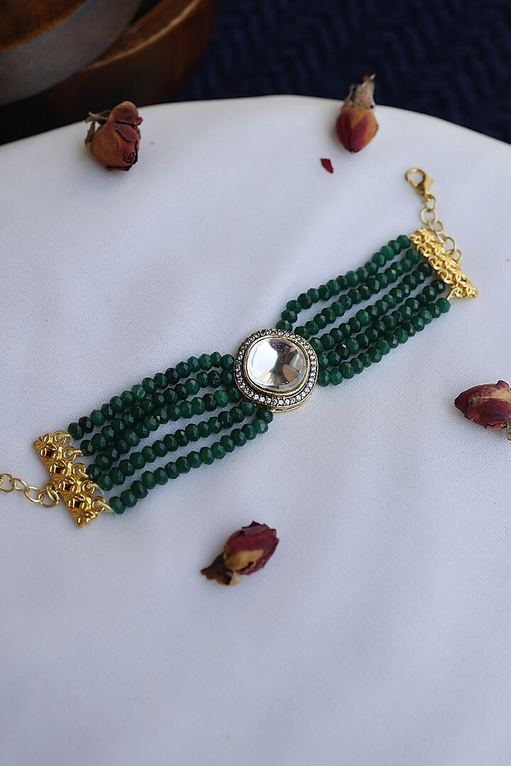 Gold Finish Green Onyx Stone & Kundan Polki Bracelet by Paisley Pop