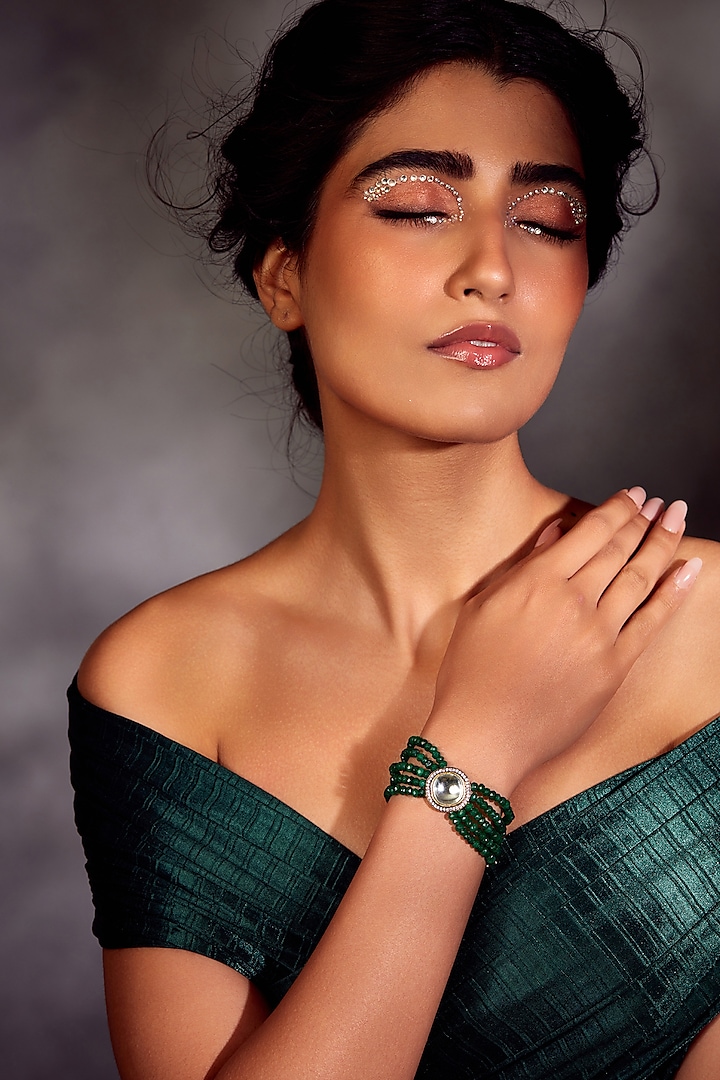 Gold Finish Green Onyx Stone & Kundan Polki Bracelet by Paisley Pop at Pernia's Pop Up Shop