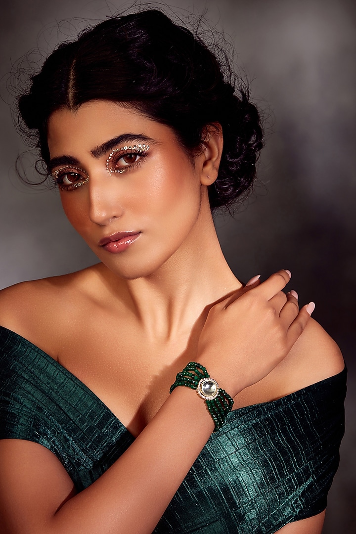 Gold Finish Green Onyx Stone & Kundan Polki Bracelet by Paisley Pop at Pernia's Pop Up Shop
