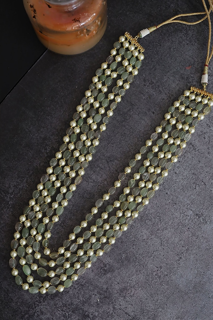 Gold Finish Mint Fluorite Stone & Pearl Layered Necklace by Paisley Pop at Pernia's Pop Up Shop