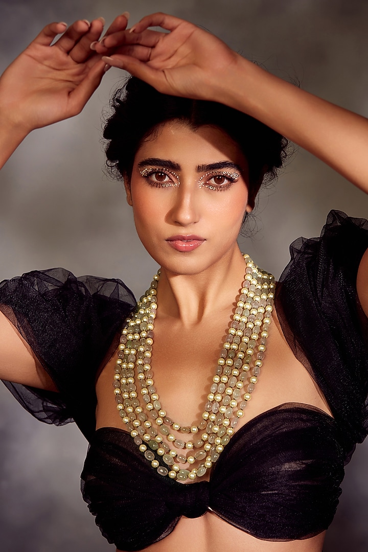 Gold Finish Mint Fluorite Stone & Pearl Layered Necklace by Paisley Pop at Pernia's Pop Up Shop