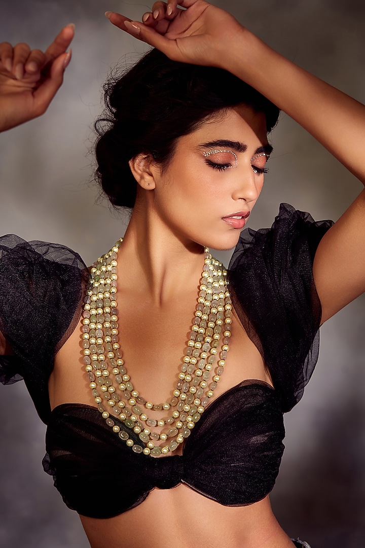 Gold Finish Mint Fluorite Stone & Pearl Layered Necklace by Paisley Pop at Pernia's Pop Up Shop