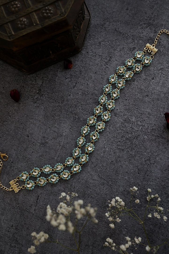 Gold Finish Kundan Polki & Turquoise Stone Choker Necklace by Paisley Pop at Pernia's Pop Up Shop