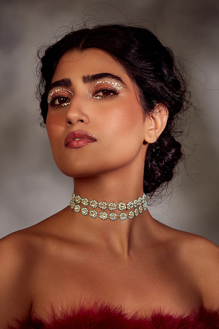 Gold Finish Kundan Polki & Turquoise Stone Choker Necklace by Paisley Pop at Pernia's Pop Up Shop