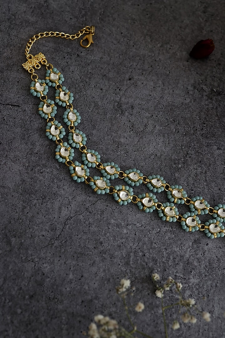 Gold Finish Kundan Polki & Turquoise Stone Choker Necklace by Paisley Pop at Pernia's Pop Up Shop