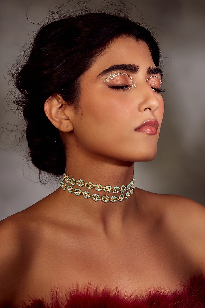 Gold Finish Kundan Polki & Turquoise Stone Choker Necklace by Paisley Pop at Pernia's Pop Up Shop