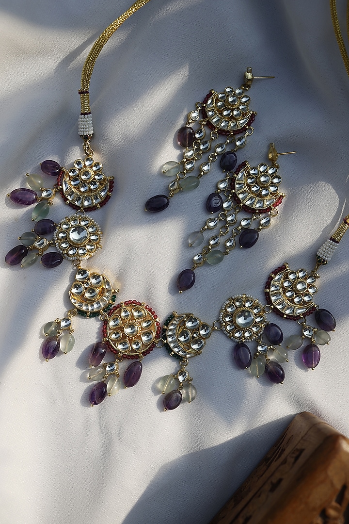 Gold Finish Purple & Mint Amethyst Stone Choker Necklace Set by Paisley Pop at Pernia's Pop Up Shop
