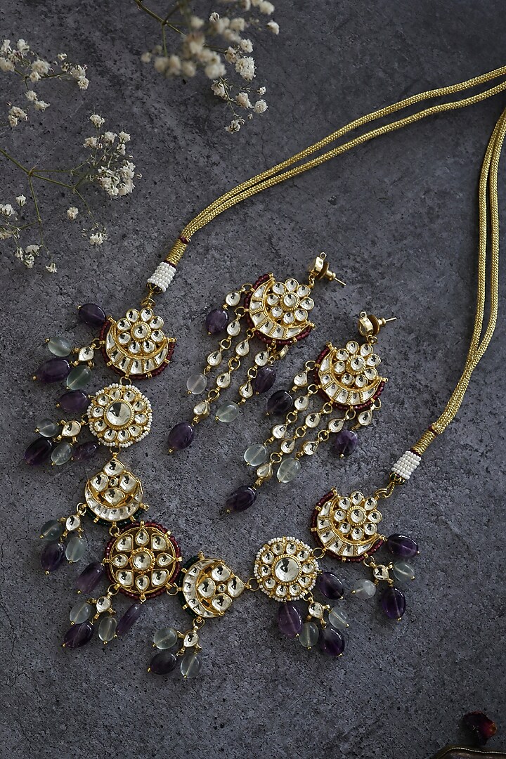 Gold Finish Purple & Mint Amethyst Stone Choker Necklace Set by Paisley Pop at Pernia's Pop Up Shop