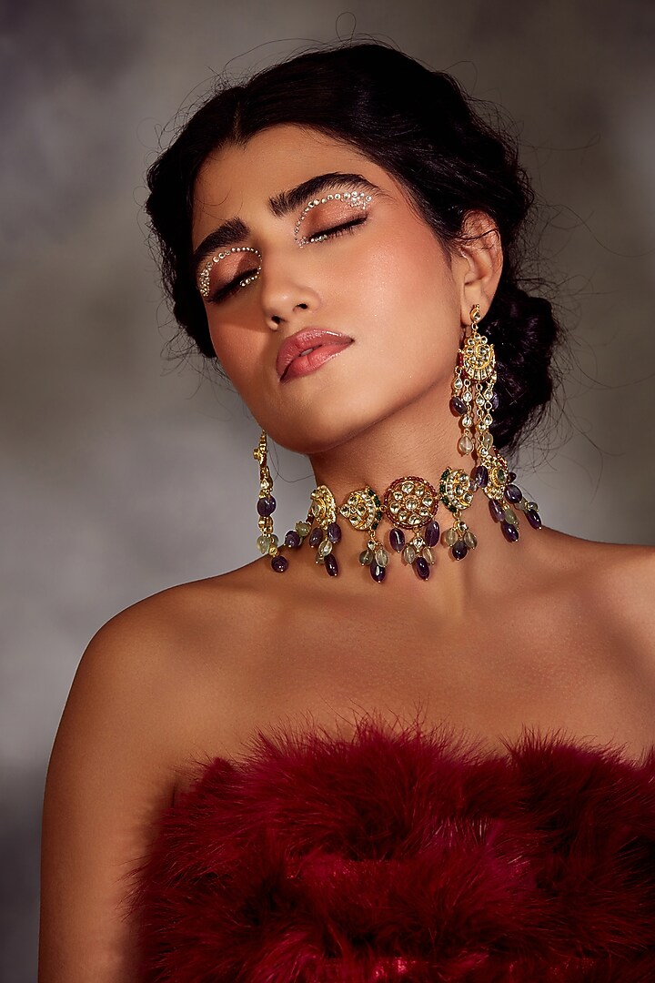 Gold Finish Purple & Mint Amethyst Stone Choker Necklace Set by Paisley Pop at Pernia's Pop Up Shop